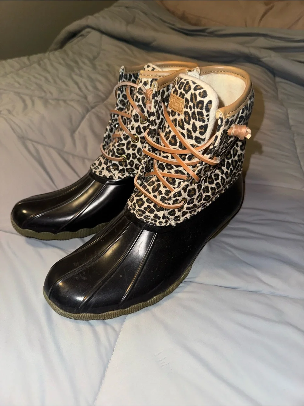 Sperry Leopard Print Duck Boots with Black Rubber Toe and Tan Accents